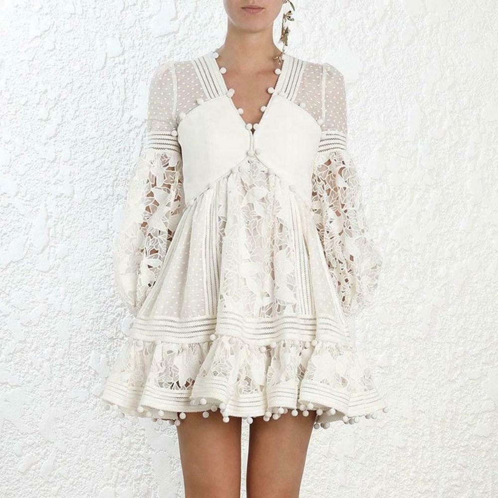 NWOT: White Lace Mini Dress with Puff Sleeves